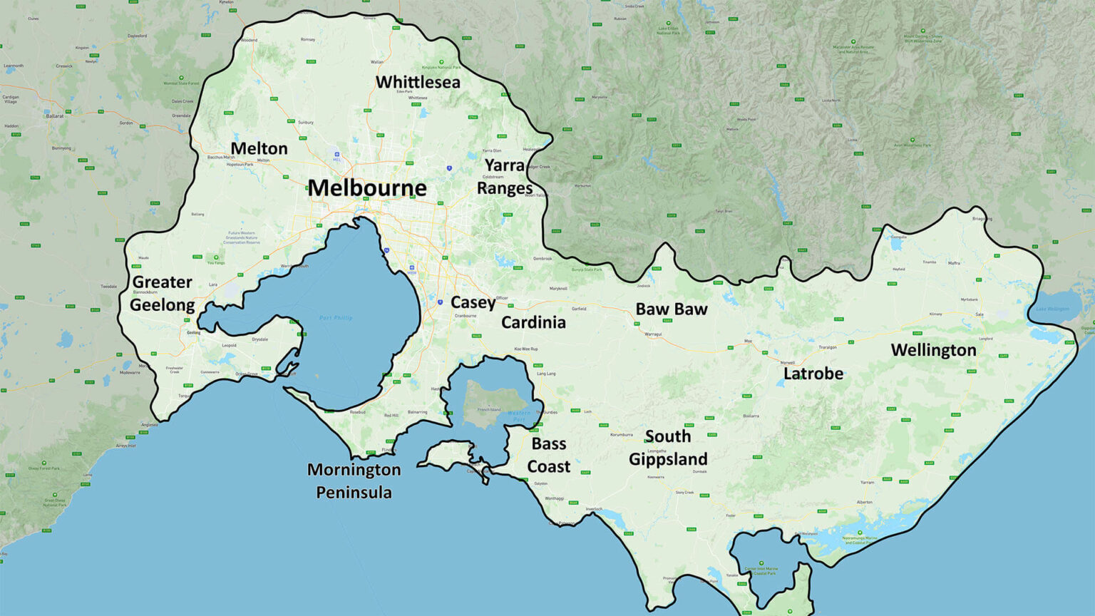 Map of Melbourne and surrounding regions outlining locations AAA Brick Cleaning service.
