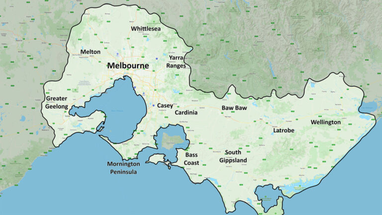 Map of Melbourne and surrounding regions outlining locations AAA Brick Cleaning service.