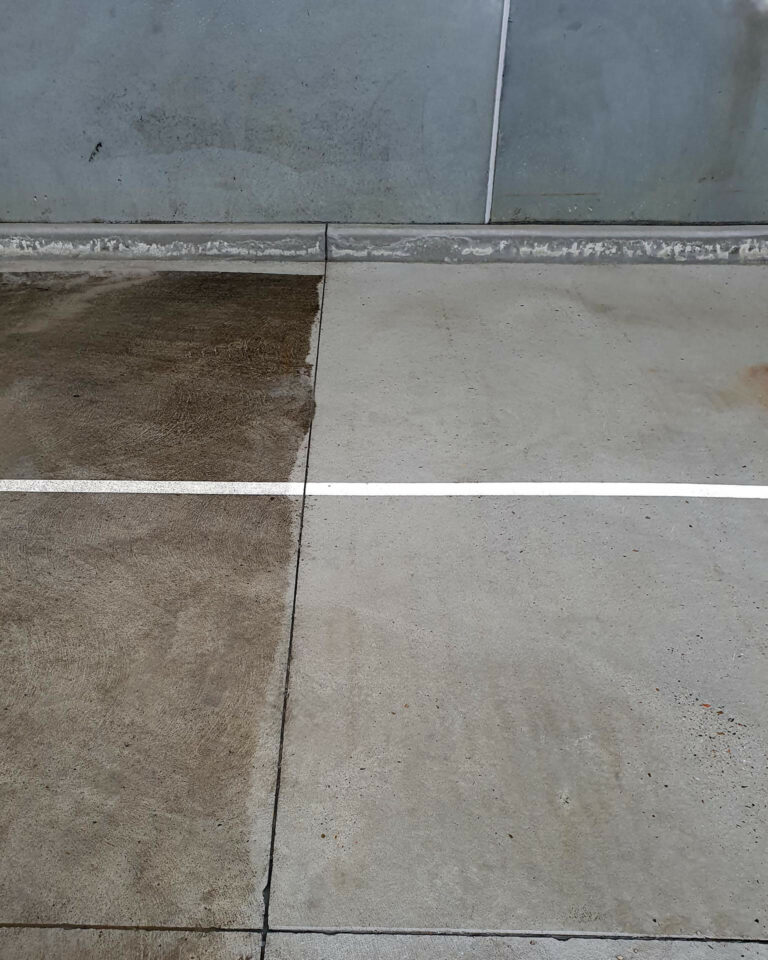Car park showing before and after high-pressure cleaning concrete cleaning